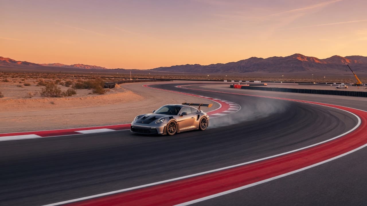 Porsche sports car on a desert racing track near Las Vegas at golden hour